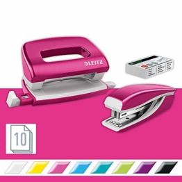 Leitz 55996023 Mini-Heftgerät-und Locher-Set (für bis zu 10 Blatt, Inkl. Heftklammern, WOW) metallic pink - 1