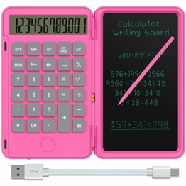 NEWYES 12-stelliger Taschenrechner (mit USB Aufladen) Klein Rechner mit 6,5 Zoll Schreibtafel für Rechnen& Notizen,Rosa - 1