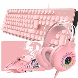 Wired Pink 4-in-1-Gaming-Tastatur Maus-Combo-Set 104 Tasten LED Rainbow Backlit Gaming-Tastatur + 2400DPI 6 Tasten Optische Maus + Regenbogen-Atemlicht-Gaming-Headset + Mäuse-Pad für Laptop-Computer - 1