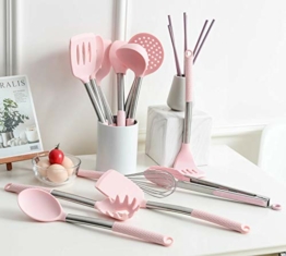 Rorence Silikon-Kochgeschirr-Set:12-teilige Küchenutensilien Antihaft- und hitzebeständig Silikon- und Edelstahlgriffe - Pink - 1